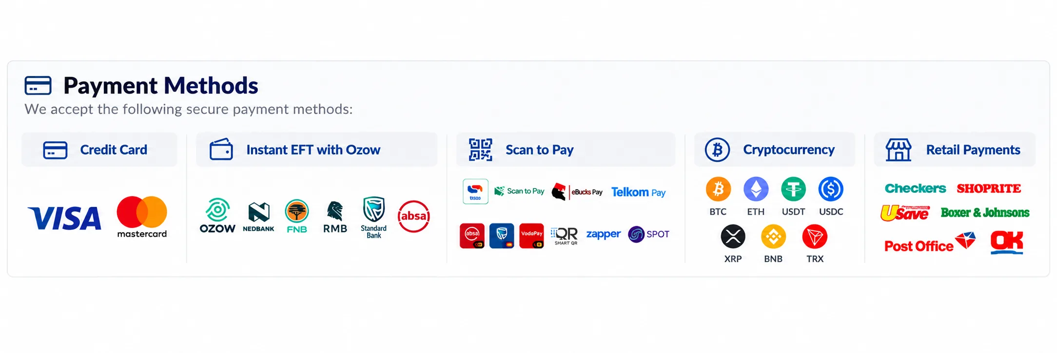 SA Domain accepted payment methods including credit cards, instant EFT, Scan to Pay and retail payments